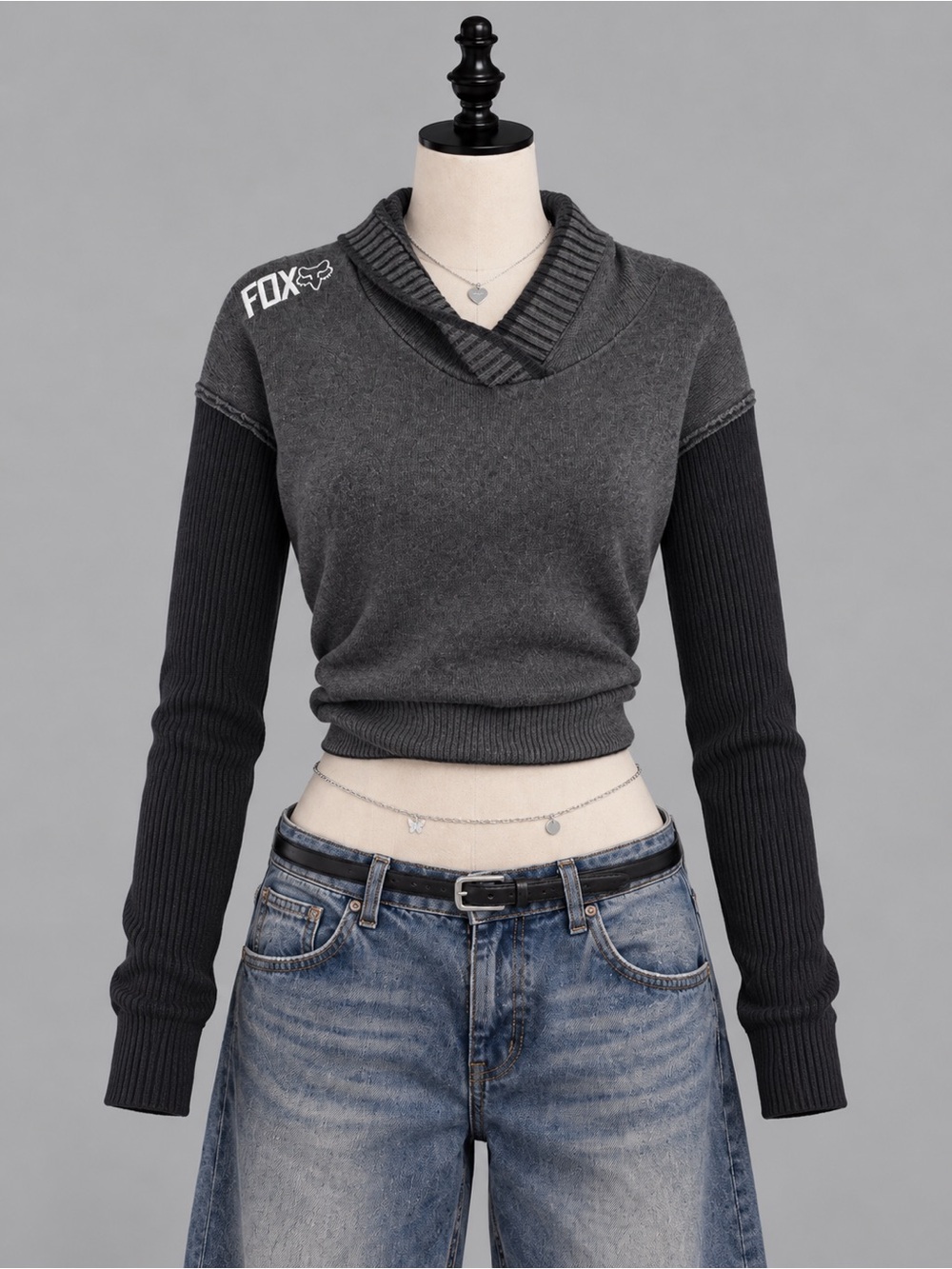 Y2K Fox Racing Grey Black Hooded Knit Sweater Moto Grunge